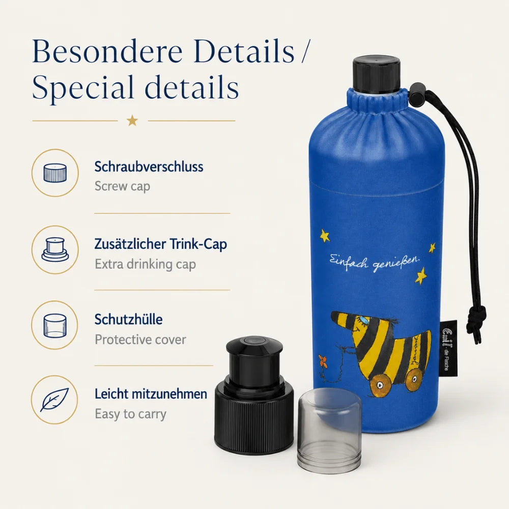 Janosch Kinder-Trinkflasche mit Schraubverschluss, zusätzlichem Trink-Cap und Schutzkappe
