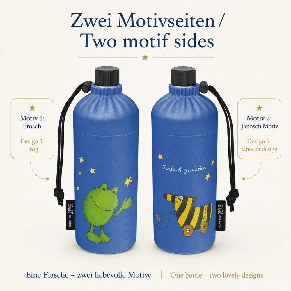 Janosch Kinder-Trinkflasche mit zwei Motivseiten – Frosch und Tigerente auf blauem Textilbezug