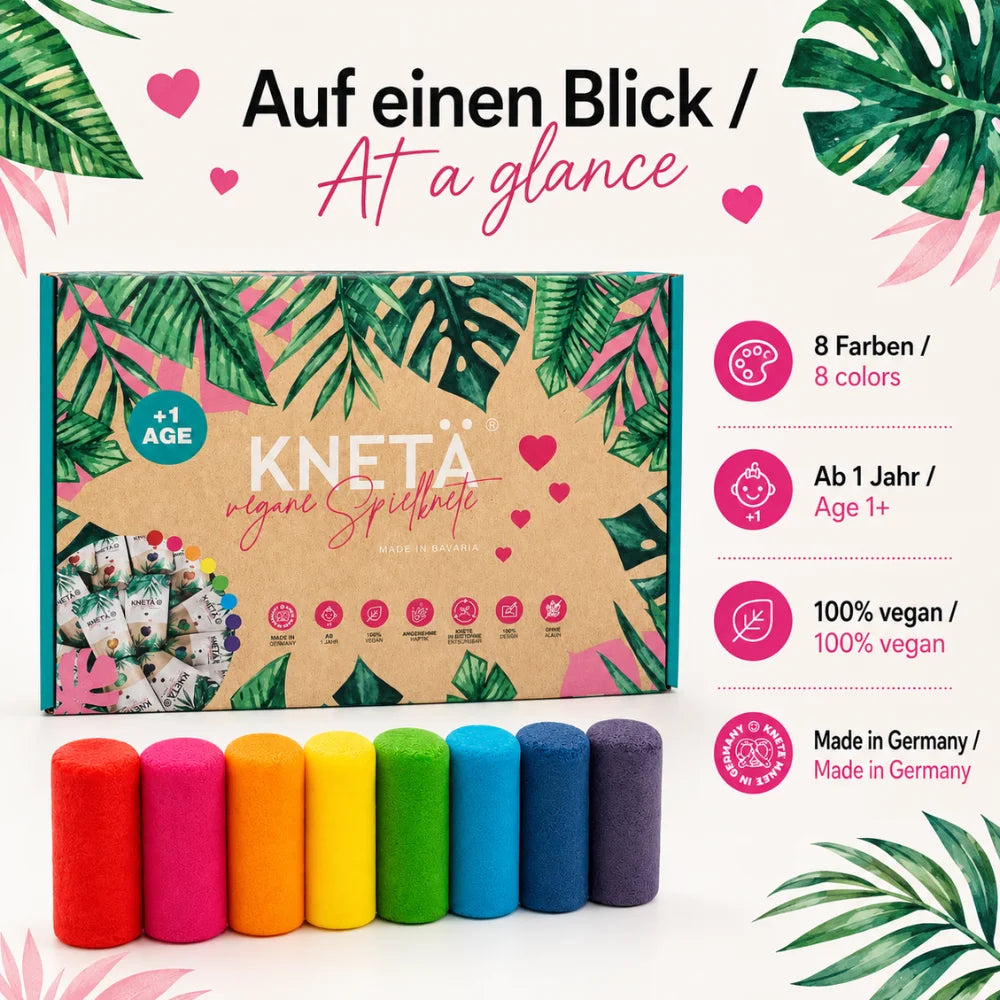 KNETÄ Kinderknete auf einen Blick mit 8 Farben, vegan, ab 1 Jahr und Made in Germany
