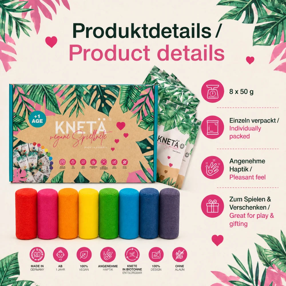 Produktdetails der KNETÄ Kinderknete mit 8 x 50 g, Einzelverpackungen und angenehmer Haptik