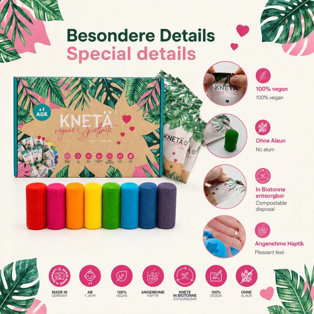 KNETÄ Kinderknete mit besonderen Details wie vegan, ohne Alaun und in der Biotonne entsorgbar