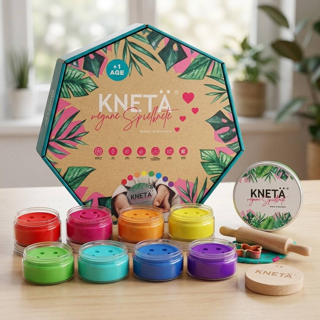 KNETÄ Knetmasse 8er Dosen Set mit 8 veganen Farben für Kinder ab 1 Jahr auf hellem minimalistischen Hintergrund