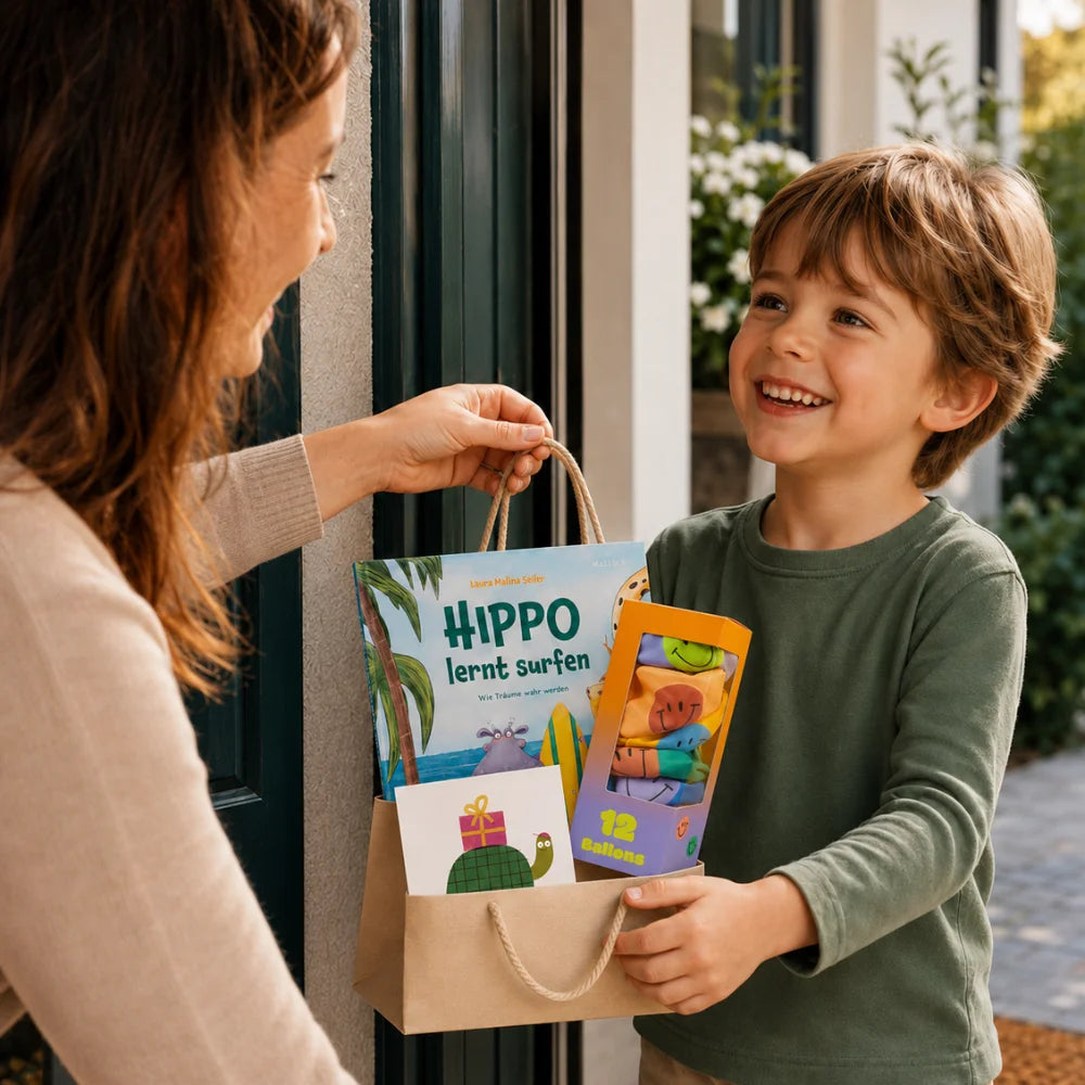 Fröhliches Geschenk für Kinder ab drei Jahren mit Mutmachbuch und Partydekoration