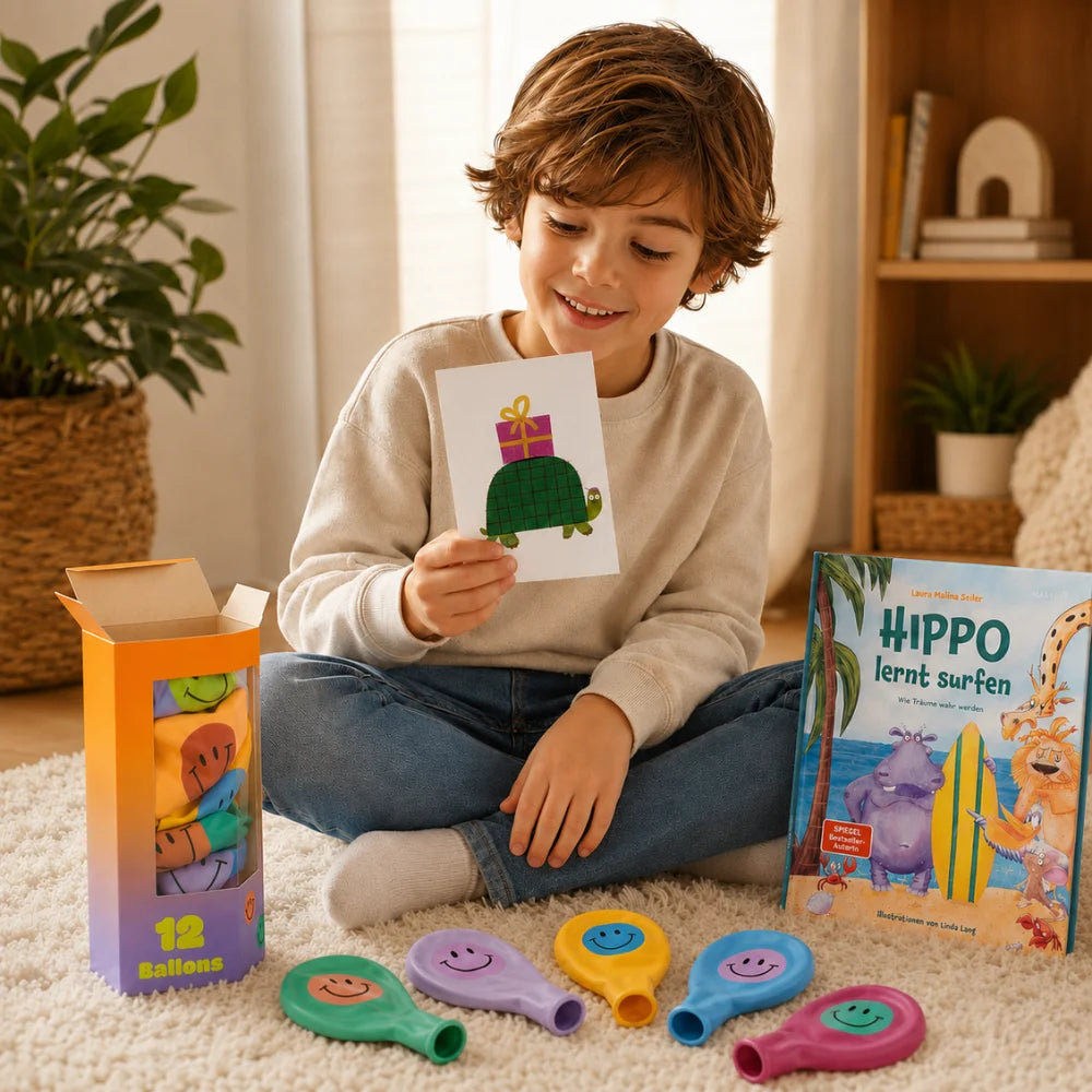 Kleines buntes Mitbringsel für Kinder mit Bilderbuch, Luftballons und Karte