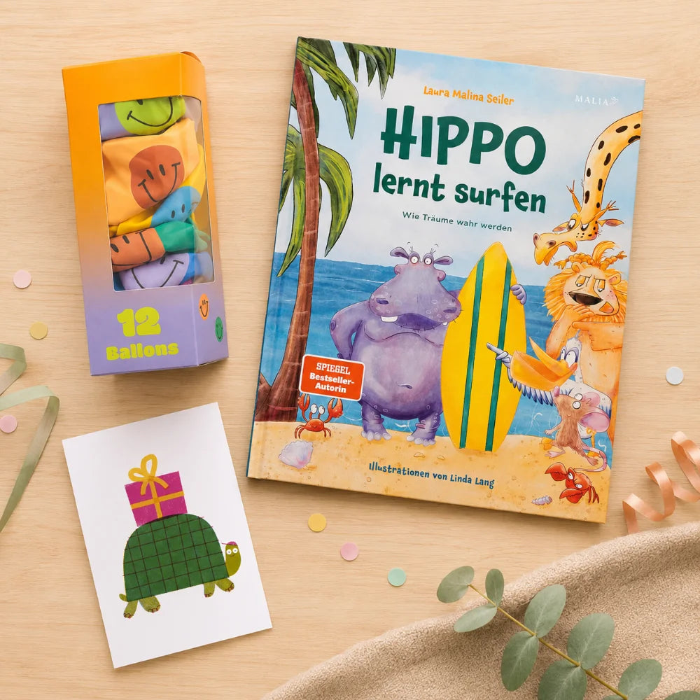 Hippo lernt surfen mit zwölf Smile-Luftballons und Postkarte als Kindergeburtstagsgeschenk