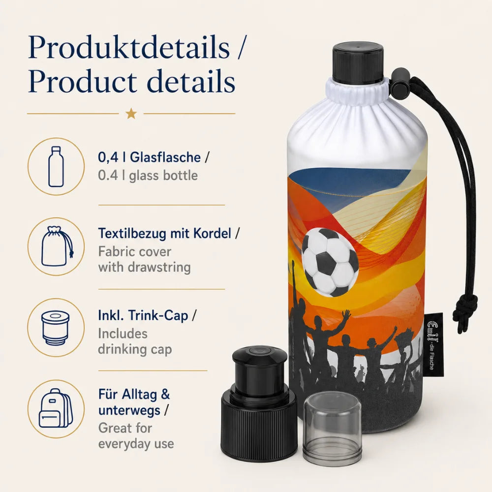 Produktdetails der Emil Kindertrinkflasche Fußball 0,4 l mit Textilbezug und Trink-Cap