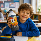 Kind hält Emil Kindertrinkflasche mit Fußballmotiv im Klassenzimmer
