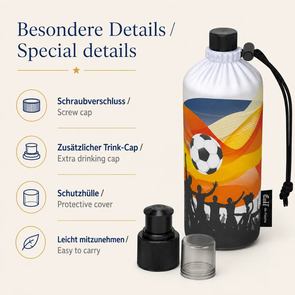 Besondere Details der Emil Kindertrinkflasche mit Schraubverschluss, Trink-Cap und Schutzhülle