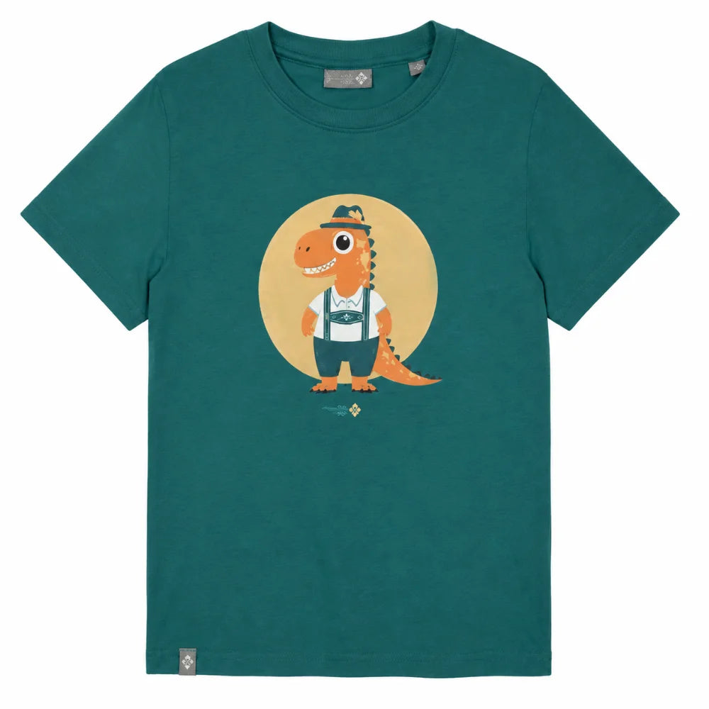 Bavarosaurus Kinder T-Shirt grün mit bayerischem Dino-Motiv auf weißem Hintergrund