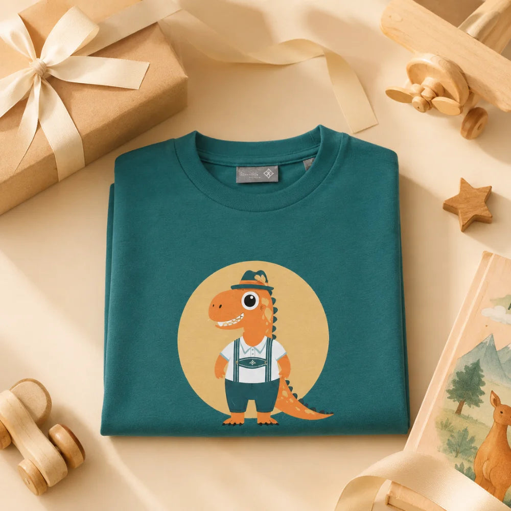 Grünes Bavarosaurus Kinder T-Shirt als Geschenkidee mit Spielzeug und Geschenkverpackung