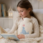 Kind liest im Bett und wärmt sich mit der EFIE Kinder-Wärmflasche mit Seehundmotiv.