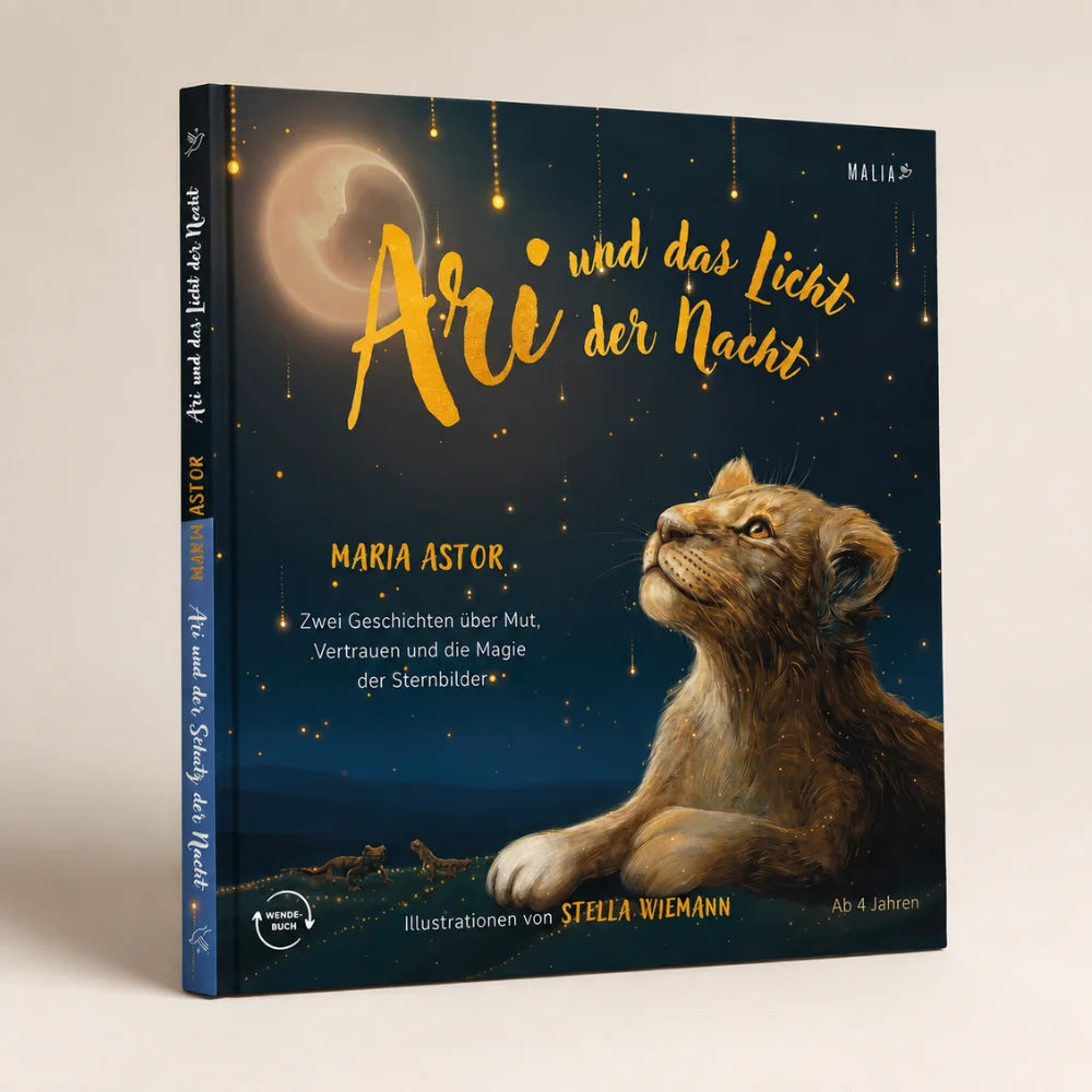 Kinderbuch „Ari und das Licht der Nacht“ von Maria Astor mit Löwenmotiv auf hellem Hintergrund
