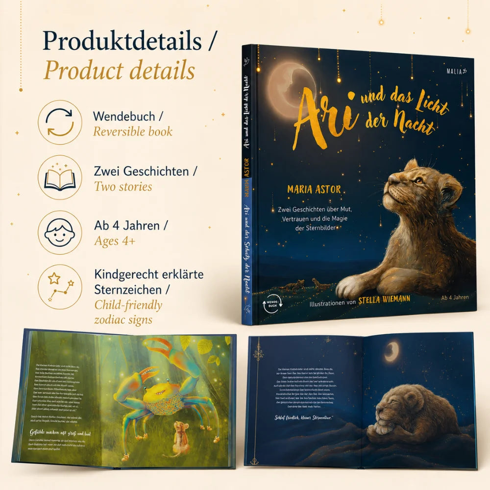 Produktdetails zum Wendebuch „Ari und das Licht der Nacht“ mit zwei Geschichten und kindgerecht erklärten Sternzeichen