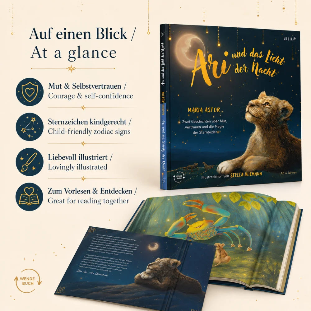 Kinderbuch „Ari und das Licht der Nacht“ über Mut, Selbstvertrauen und Sternzeichen mit liebevollen Illustrationen
