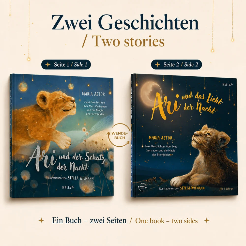 Wendebuch „Ari und das Licht der Nacht“ und „Ari und der Schatz der Nacht“ mit zwei Geschichten in einem Buch