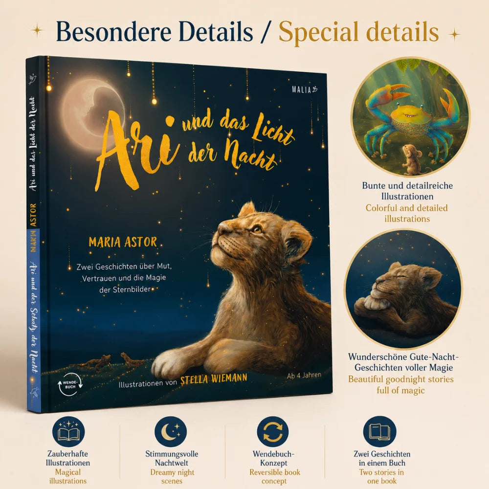 Besondere Details des Kinderbuchs „Ari und das Licht der Nacht“ mit Nachtmotiven und farbenreichen Illustrationen