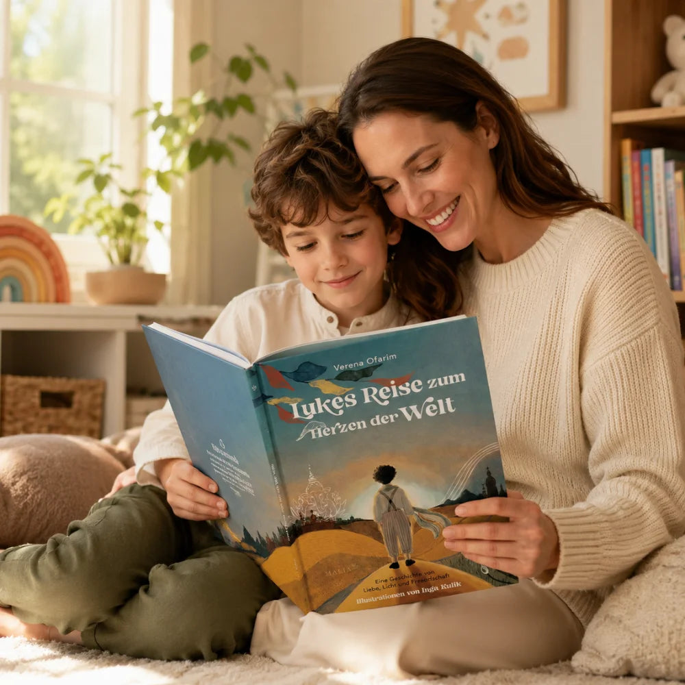 Mutter und Kind lesen gemeinsam das Kinderbuch Lukes Reise zum Herzen der Welt im Wohnzimmer