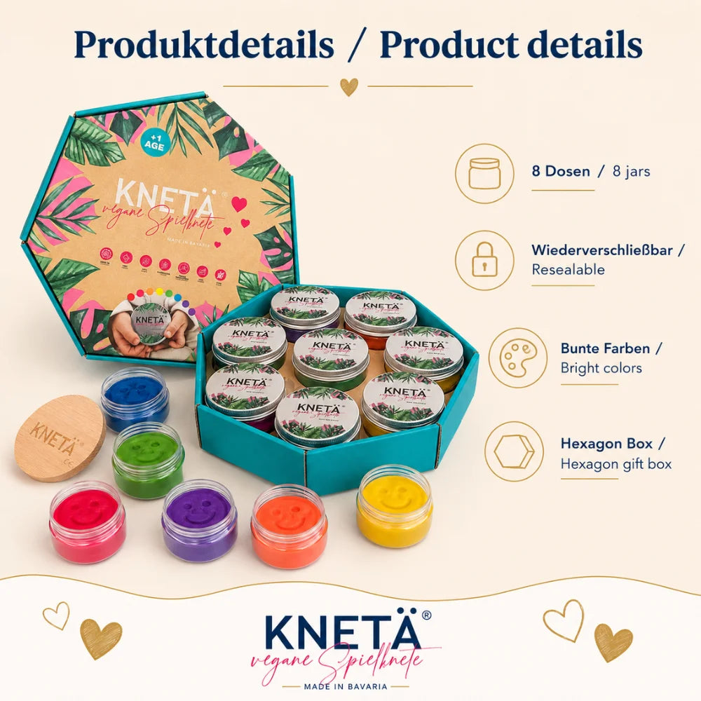 Produktdetails der KNETÄ Kinderknete mit 8 Dosen, bunten Farben und wiederverschließbarer Geschenkbox