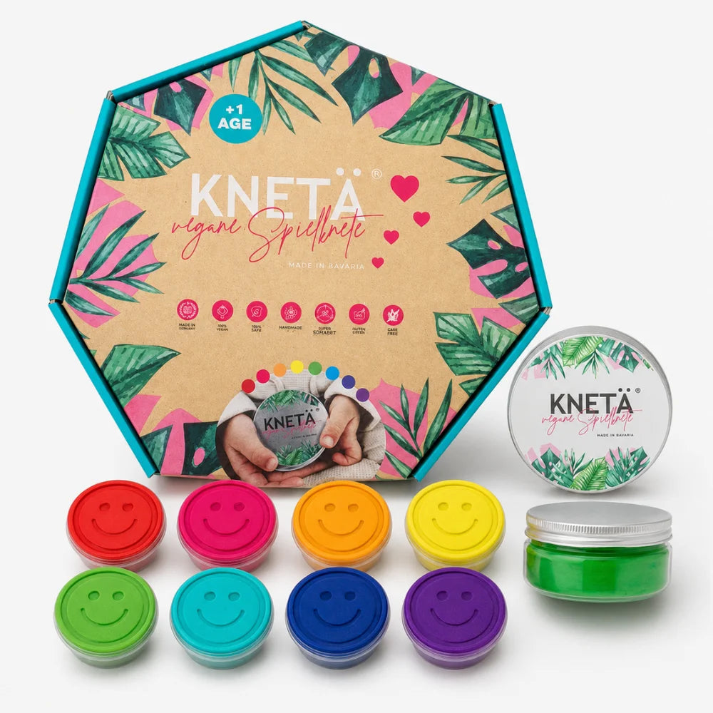 KNETÄ Kinderknete 8er Dosen-Set mit acht bunten Farben und Geschenkbox auf weißem Hintergrund