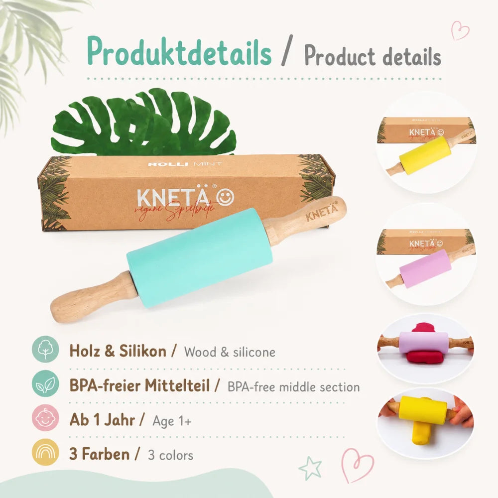 Produktdetails des KNETÄ Knetrollers Rolli aus Holz und Silikon, BPA-frei und ab 1 Jahr