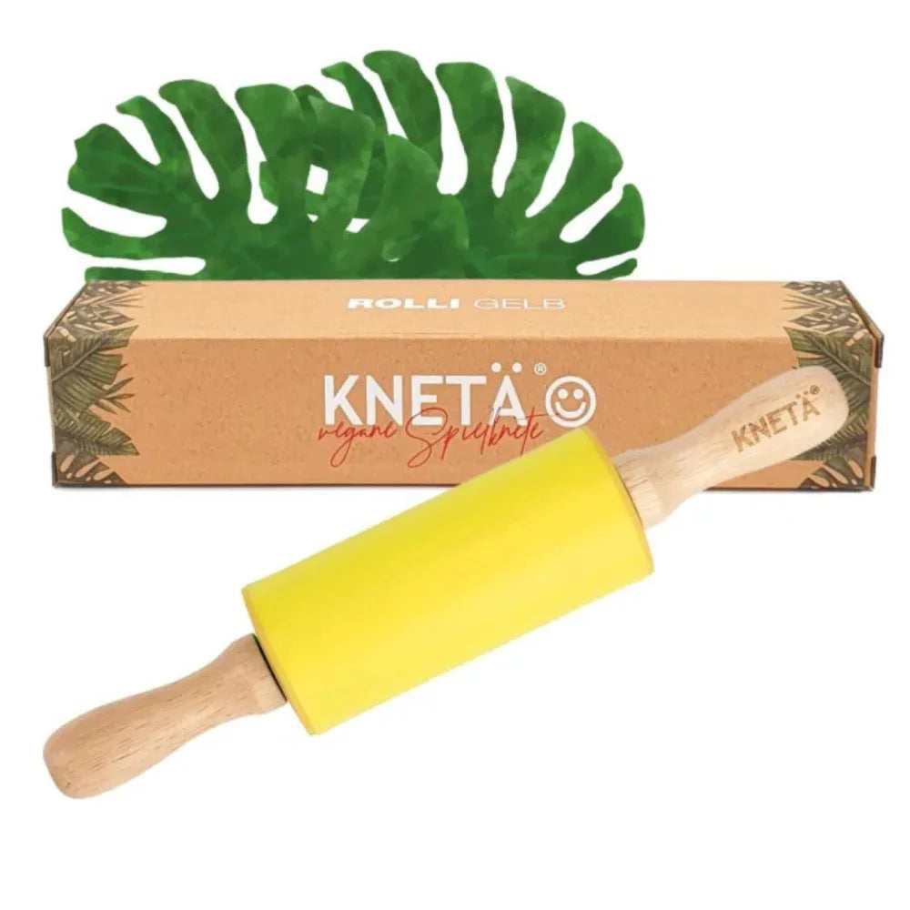 KNETÄ Knetroller Rolli in Gelb mit Holzgriffen und Originalverpackung
