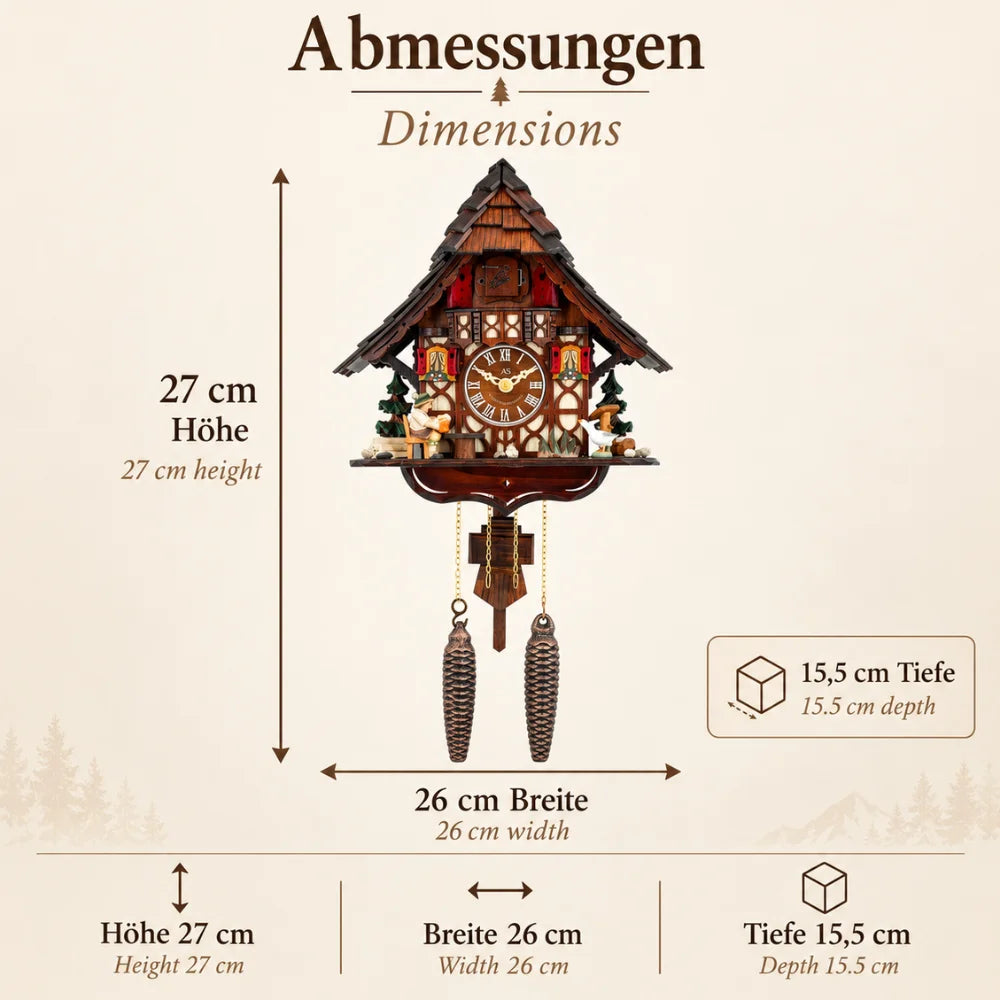 Abmessungen der Kuckucksuhr „Abendgold“ aus dem Schwarzwald mit 27 cm Höhe, 26 cm Breite und 15,5 cm Tiefe