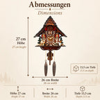 Abmessungen der Kuckucksuhr „Abendgold“ aus dem Schwarzwald mit 27 cm Höhe, 26 cm Breite und 15,5 cm Tiefe