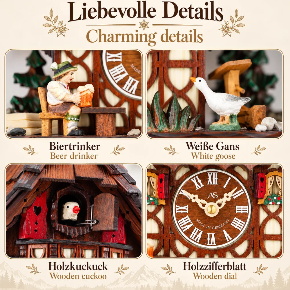 Detailansichten der Kuckucksuhr „Abendgold“ mit Biertrinker, weißer Gans, Holzkuckuck und Holz-Zifferblatt