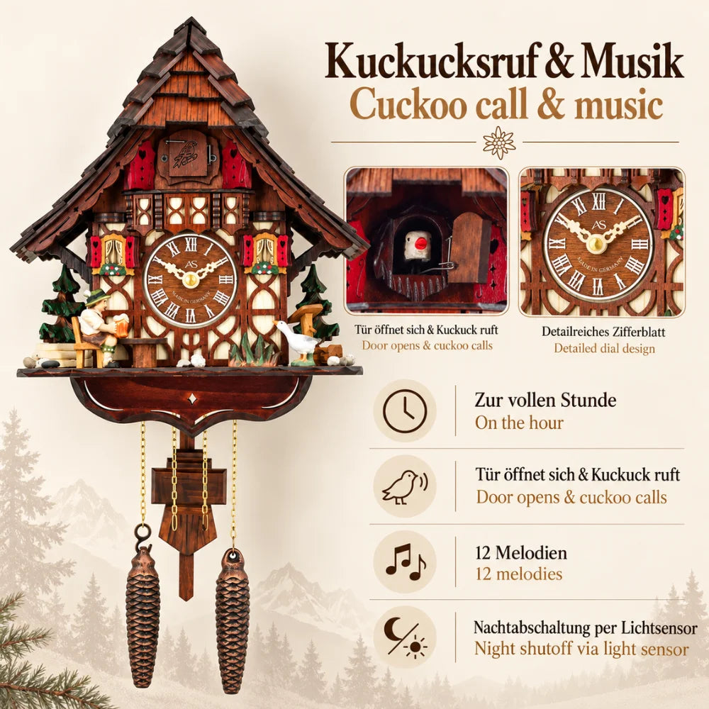 Kuckucksuhr „Abendgold“ mit Kuckucksruf, 12 Melodien, Nachtabschaltung per Lichtsensor und detailreichem Zifferblatt