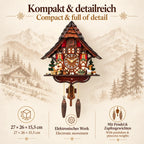 Kuckucksuhr „Abendgold“ aus dem Schwarzwald mit Produktdetails zu Groeße, elektronischem Werk sowie Pendel und Zapfengewichten