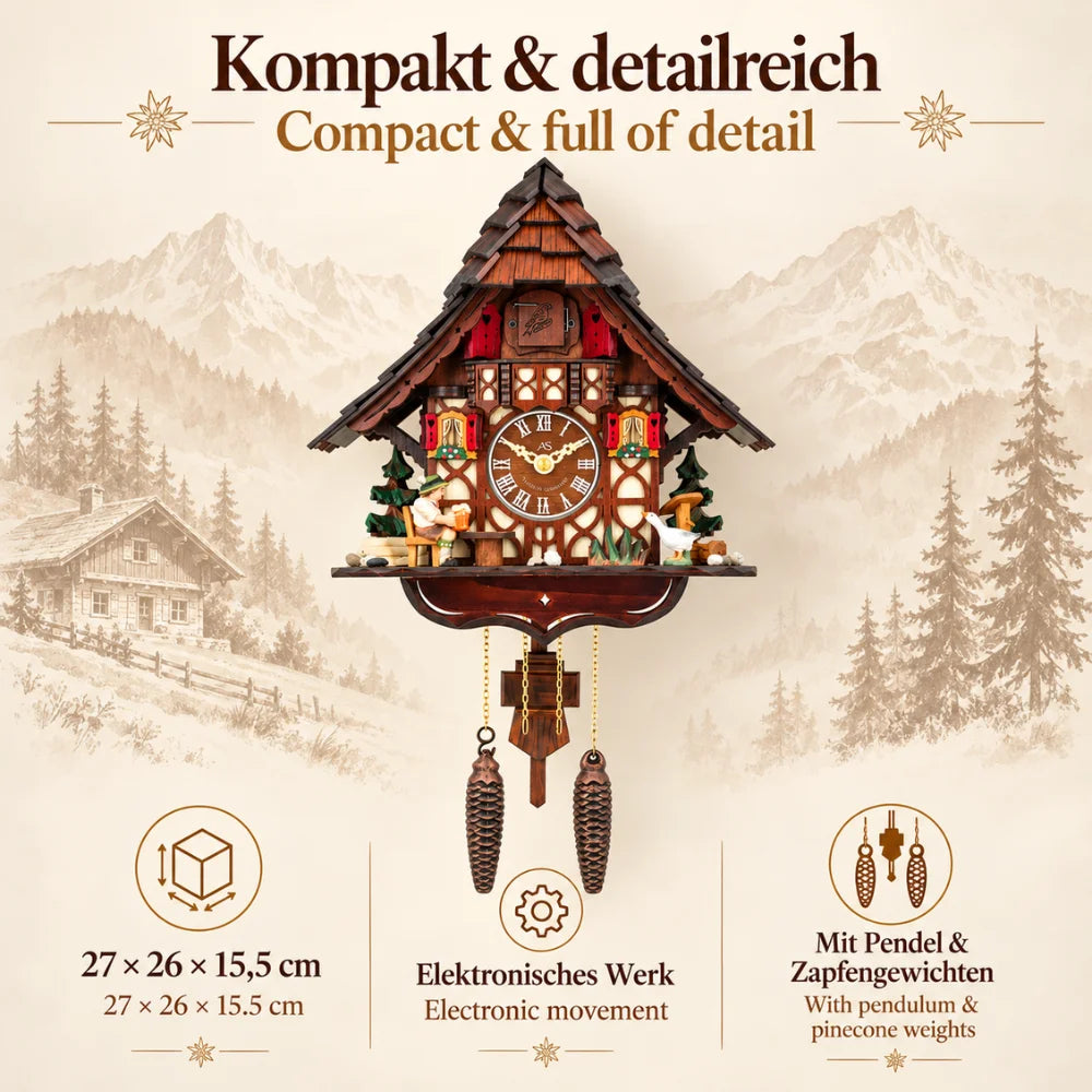 Kuckucksuhr „Abendgold“ aus dem Schwarzwald mit Produktdetails zu Groeße, elektronischem Werk sowie Pendel und Zapfengewichten