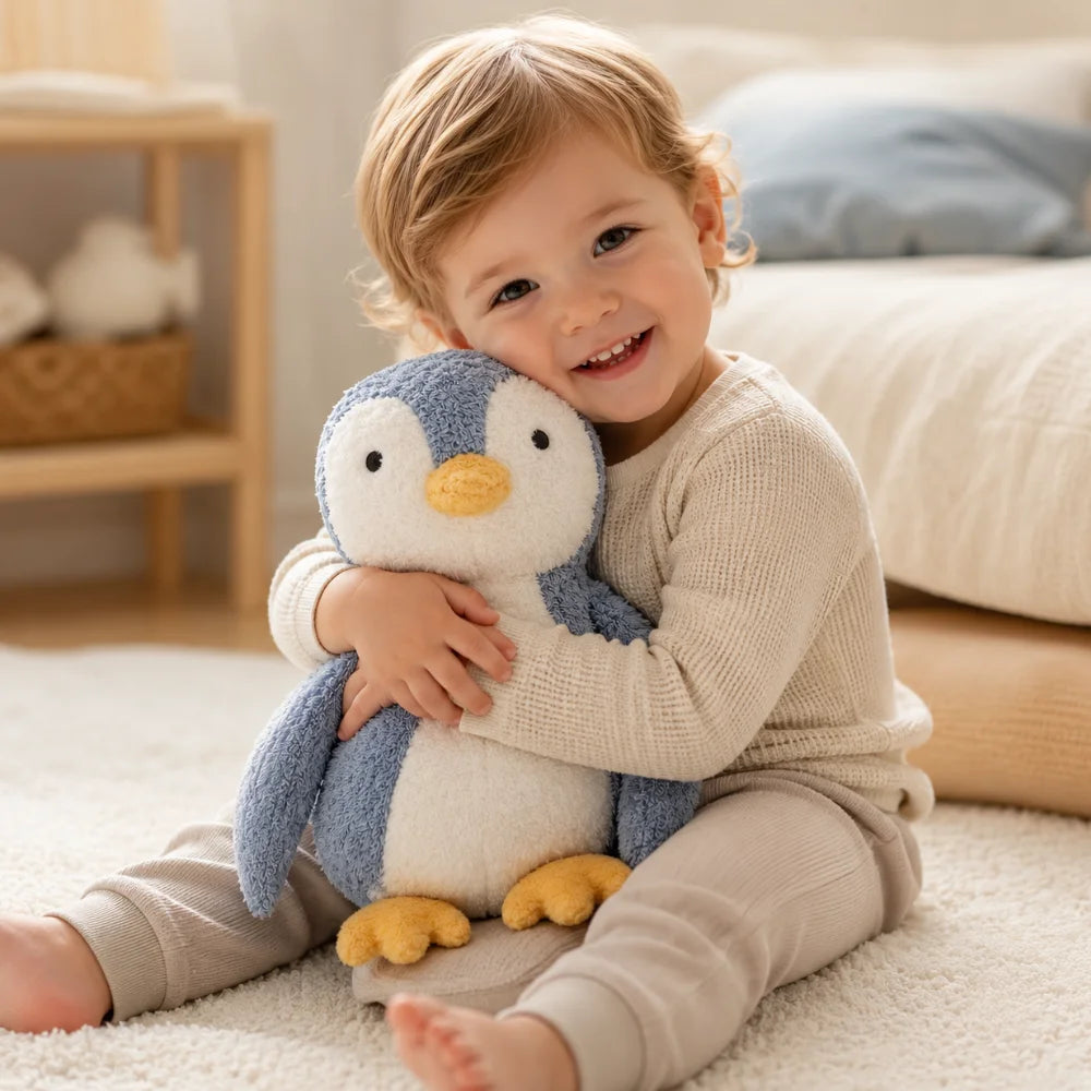Kind kuschelt mit großem EFIE Pinguin aus Bio-Baumwolle
