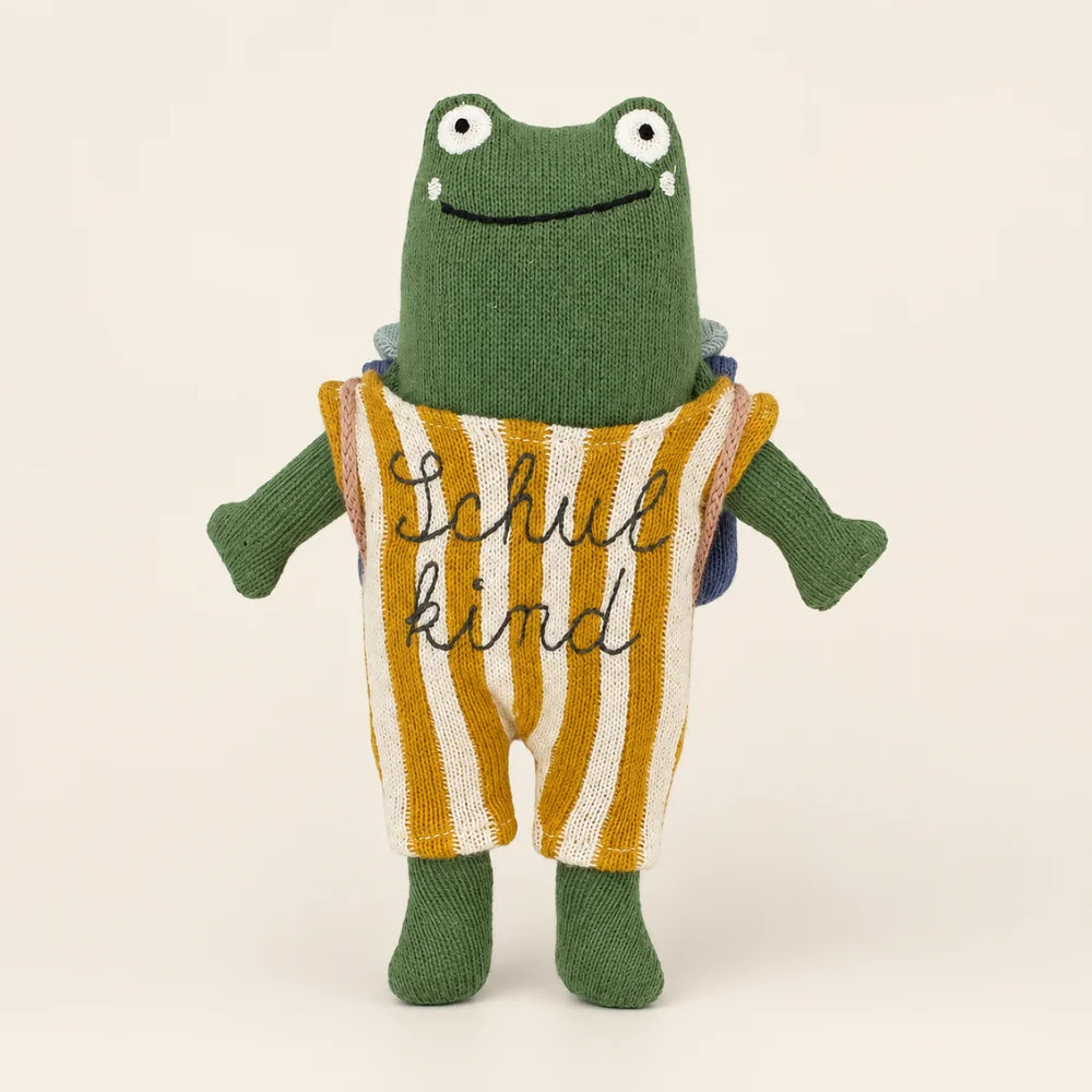 Kuscheltier Frosch Schulkind mit Schulranzen als Geschenk zur Einschulung Hauptbild
