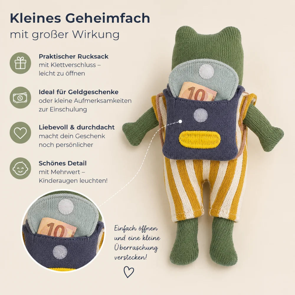 Grüner Strickfrosch Geheimfach im Schulranzen