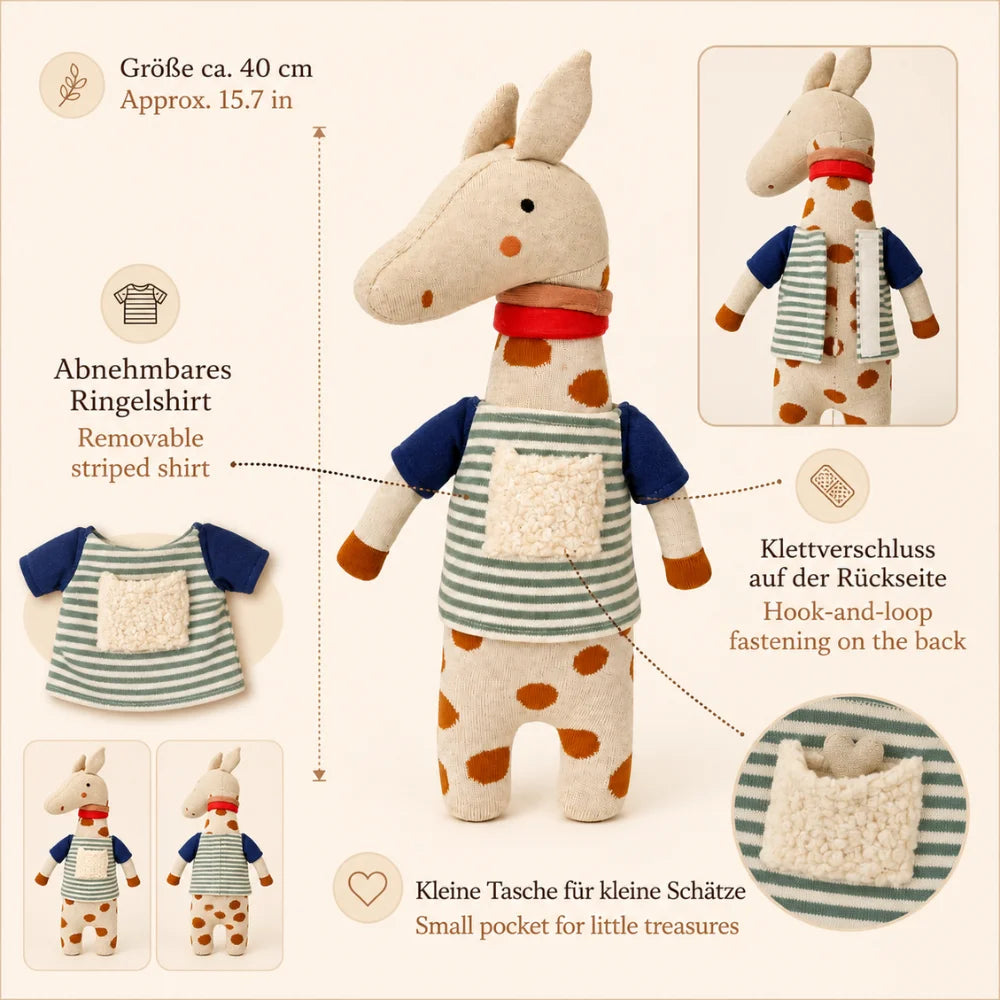 Kuscheltier Giraffe Mala von vorne und hinten mit geöffnetem Ringelshirt