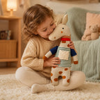 Kind kuschelt mit der Giraffe Mala aus Bio-Baumwolle