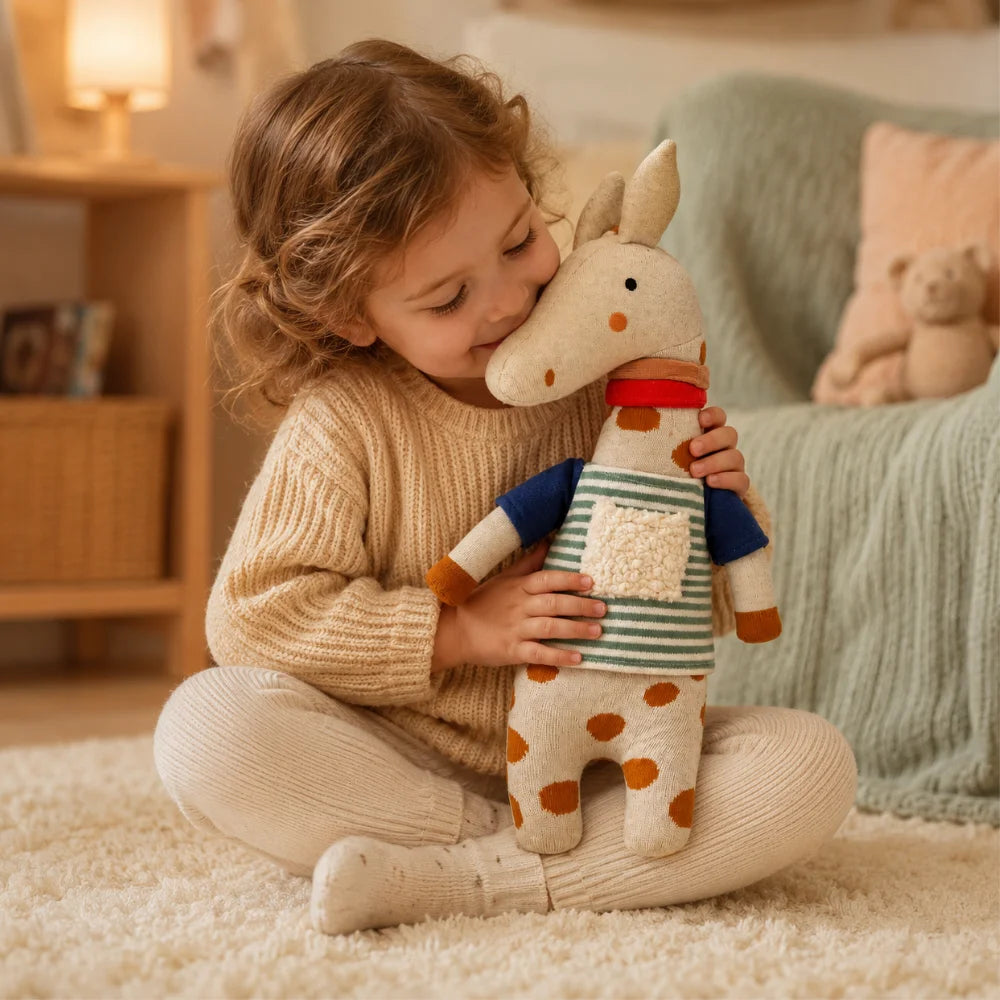 Kind kuschelt mit der Giraffe Mala aus Bio-Baumwolle