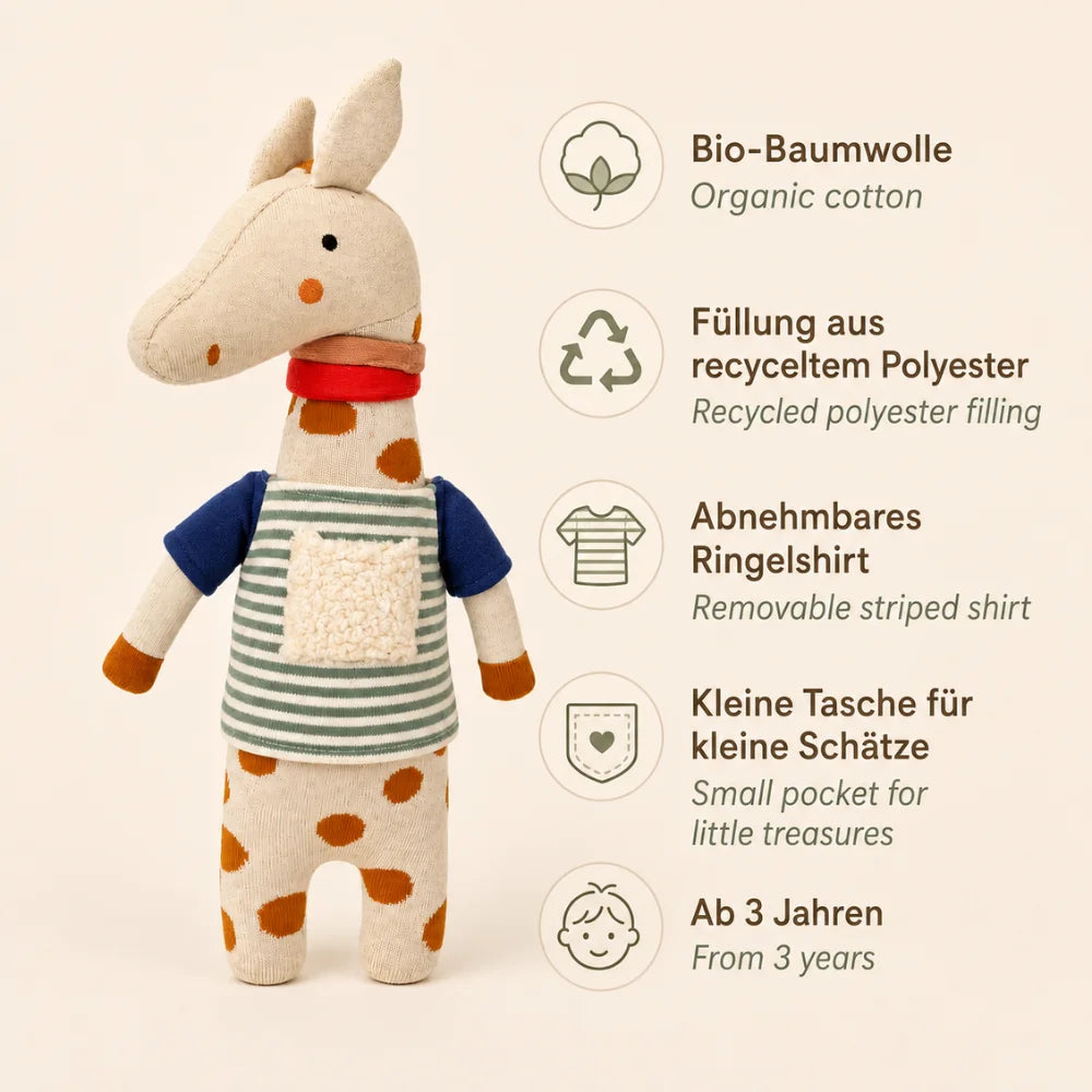 Giraffe Mala mit Bio-Baumwolle, recycelter Füllung und abnehmbarem Ringelshirt
