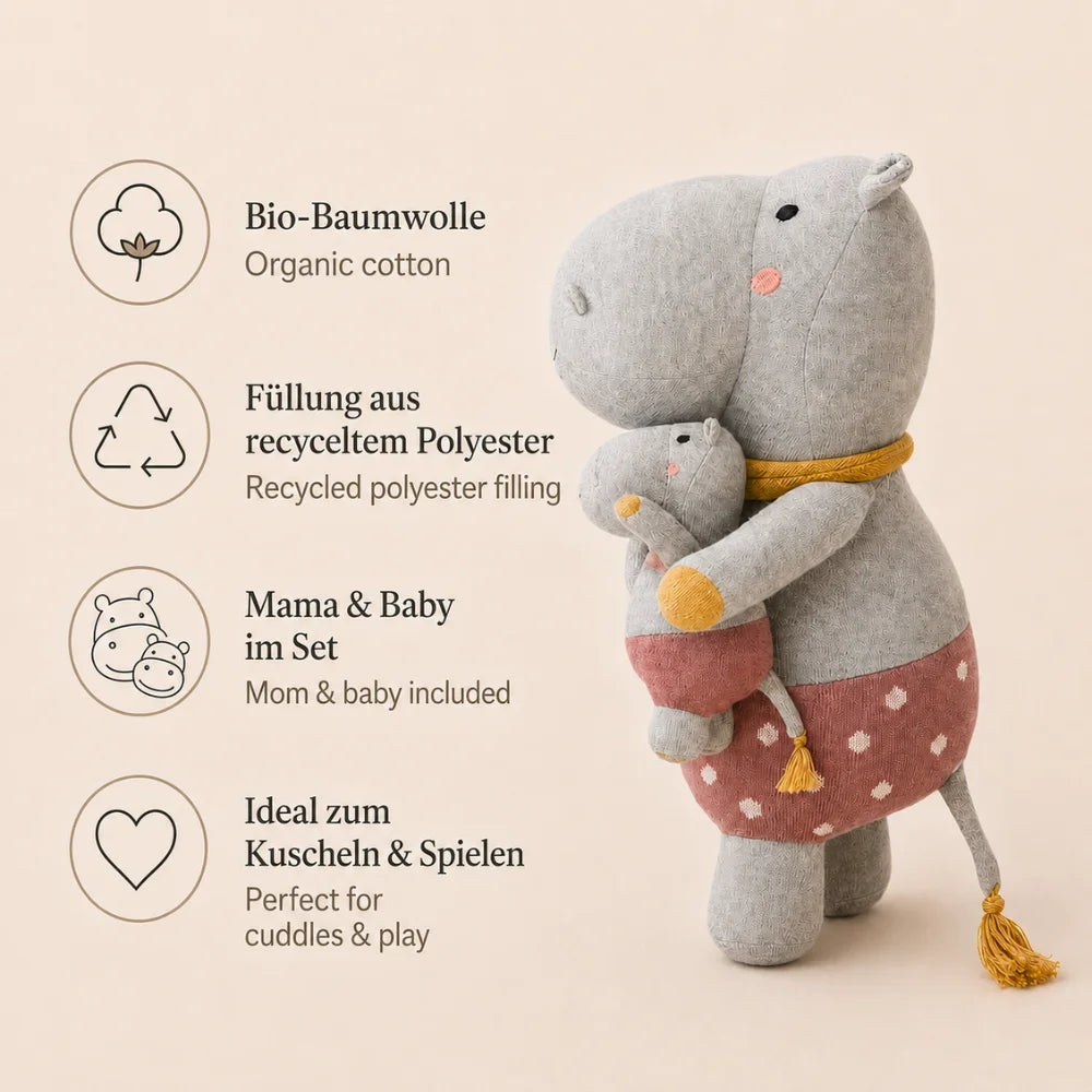 Nilpferd Klea mit Baby aus Bio-Baumwolle und recycelter Polyesterfüllung