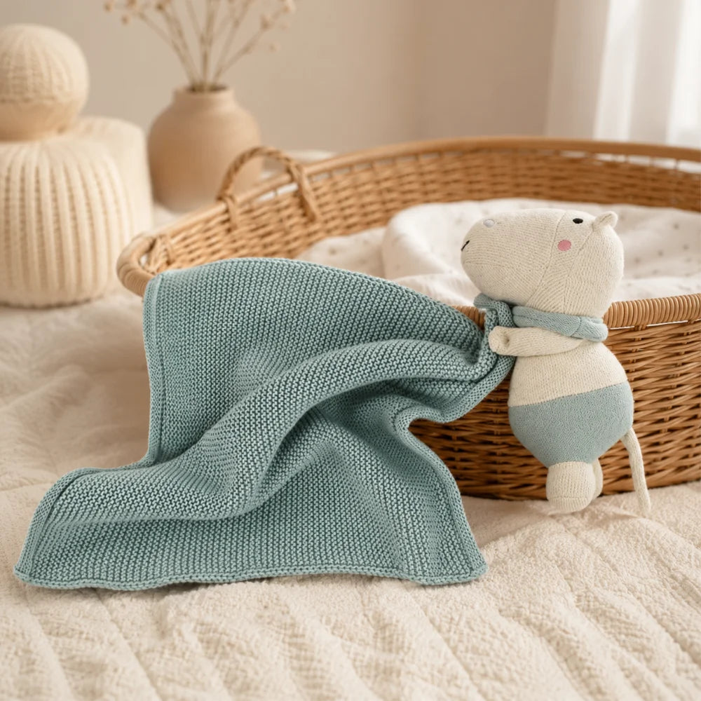 Graublaue Hippo-Kuscheltuch am Stubenwagen