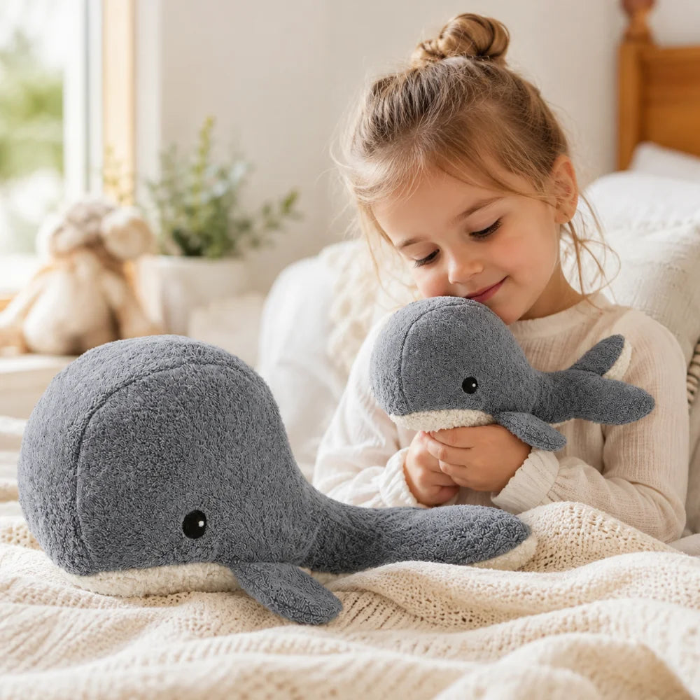 Kind kuschelt mit kleinem EFIE Wal aus Bio-Baumwolle
