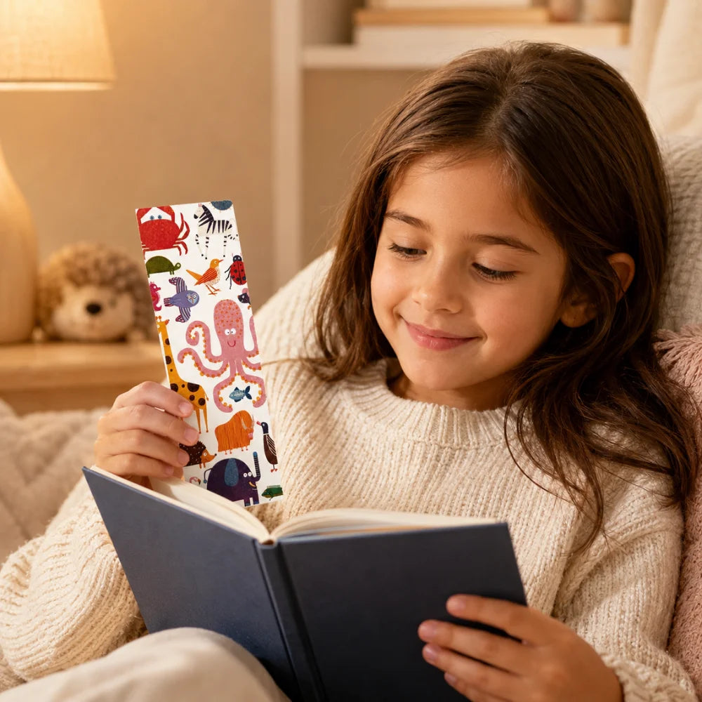 Kind liest ein Buch und hält ein farbenfrohes Tier-Lesezeichen mit Giraffe, Oktopus, Elefant und weiteren Tieren in der Hand.