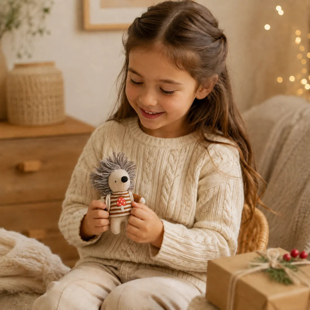 Kind hält Mini-Kuscheltier Igel mit Rucksack – kleines Geschenk für Kinder ab 3 Jahren