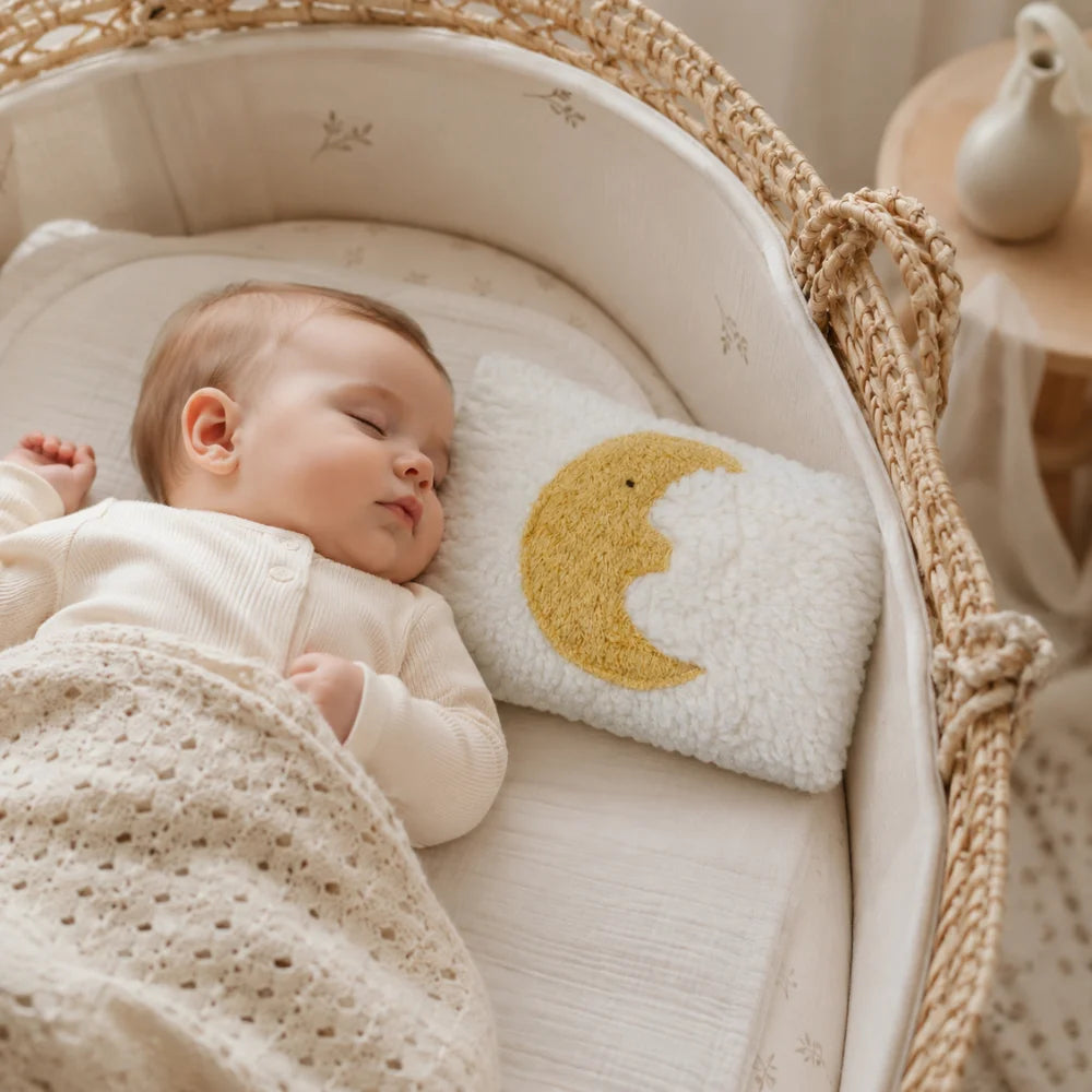 Schlafendes Baby im Stubenwagen mit EFIE Wärmekissen Mond seitlich am Kopf