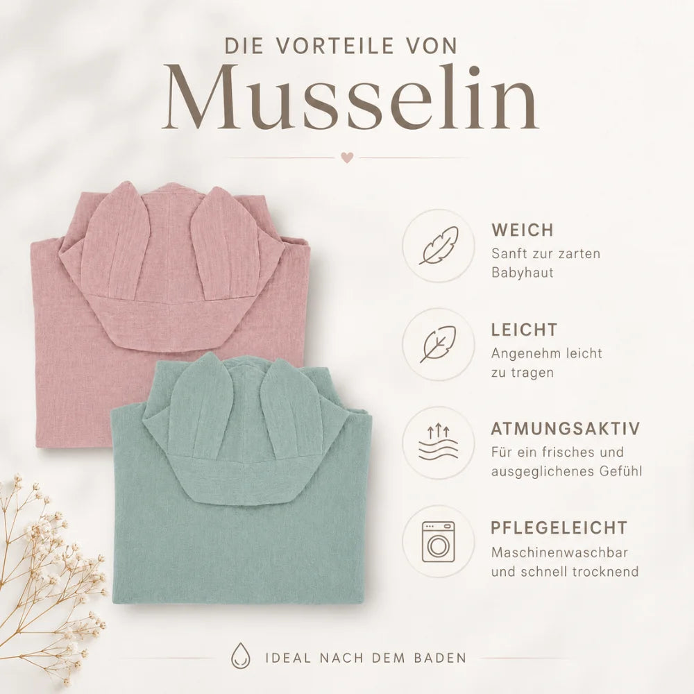 Vorteile von Musselin: weich, leicht, atmungsaktiv und pflegeleicht – Badeponchos in Blush und Aquamarine