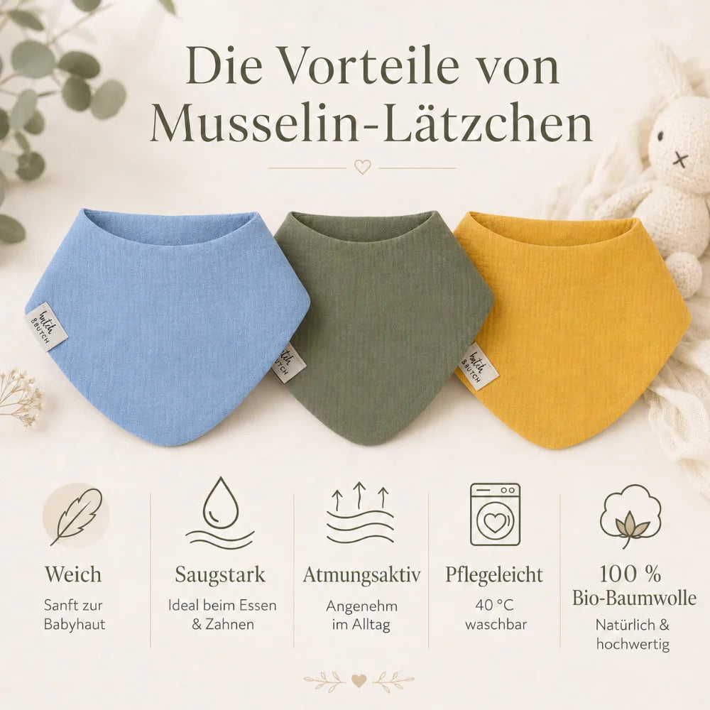 Vorteile der Musselin-Lätzchen in Dusty Blue, Olive Green und Sunflower Hauptbild