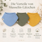 Vorteile der Musselin-Lätzchen in Dusty Blue, Olive Green und Sunflower
