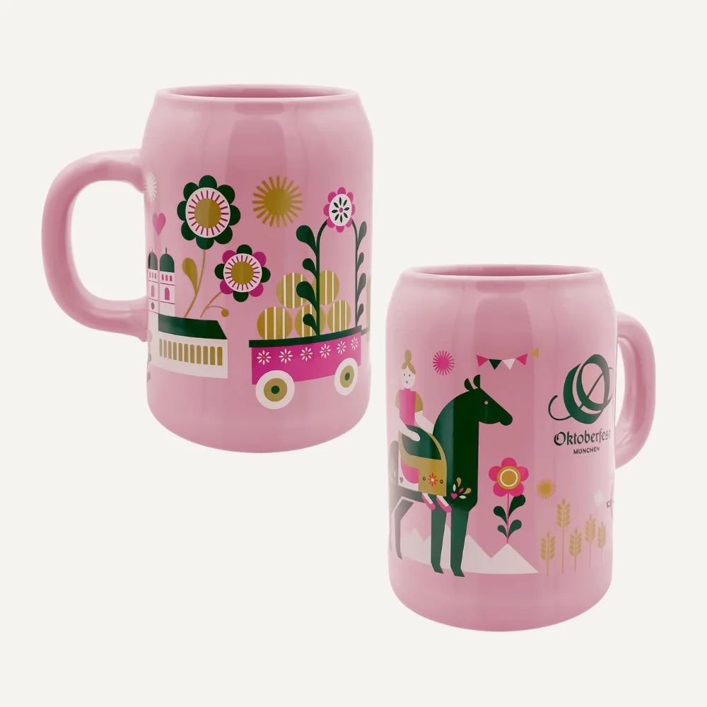 Seitenansichten rosafarbener Bierkrug für Frauen aus Oktoberfest Geschenk-Bundle für Frauen 