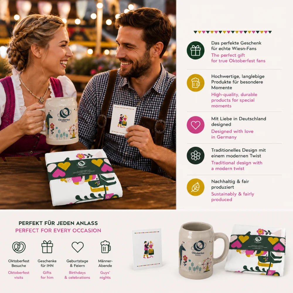 Oktoberfest-Geschenkbundle für ihn mit Bierkrug, Geschirrtuch, Postkarte und zweisprachigen Produktvorteilen.
