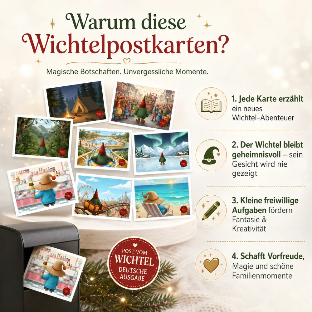 Wichtelpostkarten mit neuen Erlebnissen geheimnisvollem Wichtel und freiwilligen Aufgaben
